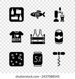 Set Beer menu, Dried fish, tap with glass, bubbles, can, Wine corkscrew, T-shirt and Pack of beer bottles icon. Vector