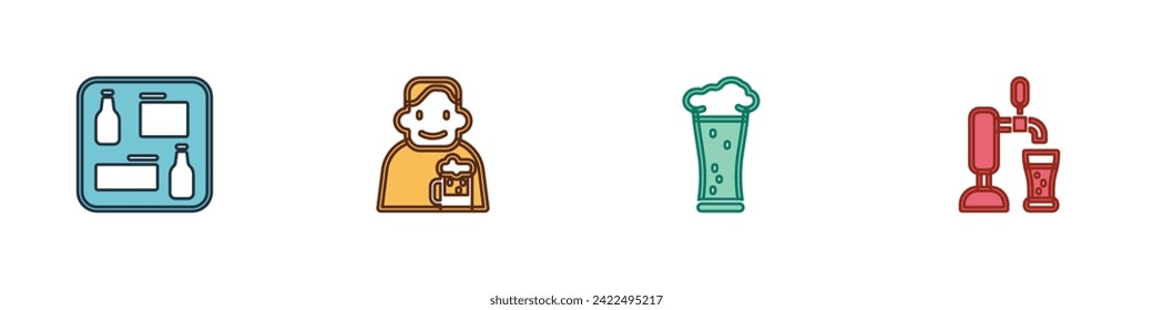 Set Beer menu, Happy man with beer, Glass of and tap glass icon. Vector