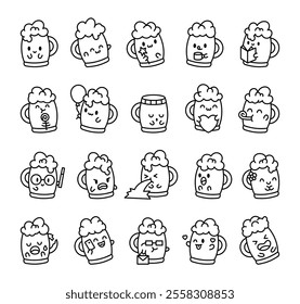 Set of beer mug cartoon characters featuring various emotions, accessories, and themes such as magic wand, glasses, heart, smartphone, and party blower for creative graphic illustrations.