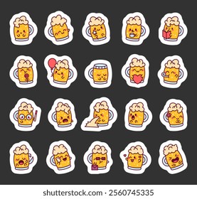 Set of beer mug cartoon characters featuring various emotions, accessories, and themes such as magic wand, glasses, heart, smartphone, and party blower for creative graphic illustrations.