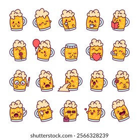 Set of beer mug cartoon characters featuring various emotions, accessories, and themes such as magic wand, glasses, heart, smartphone, and party blower for creative graphic illustrations.