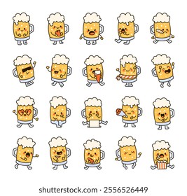 Set of beer mug characters with cute kawaii expressions, funny emotions, joyful reactions, food elements, charming poses, and cheerful details for creative design ideas