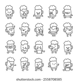 Set of beer mug characters with cute kawaii expressions, funny emotions, joyful reactions, food elements, charming poses, and cheerful details for creative design ideas