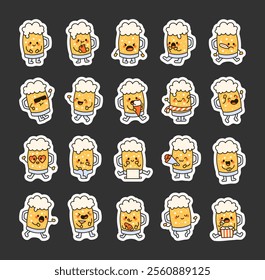 Set of beer mug characters with cute kawaii expressions, funny emotions, joyful reactions, food elements, charming poses, and cheerful details for creative design ideas