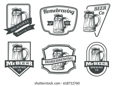 Set of beer mug emblems, badges and logo. Vector illustration on white background.