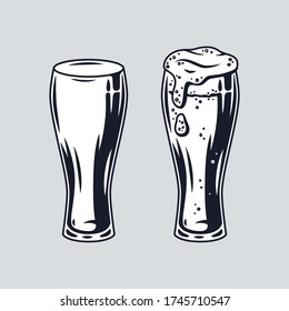 Set of beer mug with foam retro bar and pub menu. Tipes of glasses for bavarian october festival