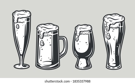 Set of beer mug with foam retro bar and pub menu. Tipes of glasses for bavarian october festival
