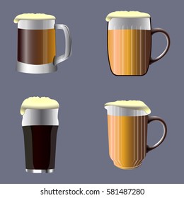 Set of beer mug icons on a blue background, Vector illustration