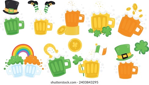 Set of beer mug isolated white background vectors. Bundle of St Patrick vectors