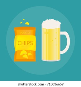Set of beer mug and snack made in flat style. Light beer with crispy potato chips. Vector illustration for banners, posters, restaurant and pub menu.