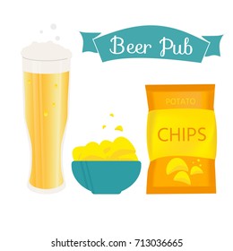 Set of beer mug and snack made in flat style. Light beer with crispy potato chips. Vector illustration for banners, posters, restaurant and pub menu.