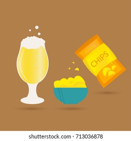 Set of beer mug and snack made in flat style. Light beer with crispy potato chips. Vector illustration for banners, posters, restaurant and pub menu.