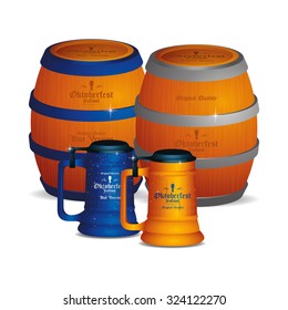 Set of beer mugs and barrels on a white background for oktoberfest
