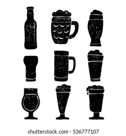 Set of beer mugs and bottle. Hand drawn vector illustration.