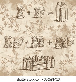 Set of beer mugs, box with beer and a plastic beer bottles on the background of old paper