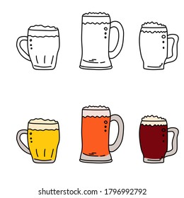 Set Of Beer Mugs Colored And Outline, Bright Foamy Drink In A Mug, Vector Hand Draw Illustration For Design And Creativity