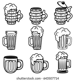 Set of beer mugs. Design elements for logo, label, emblem, sign, badge. Vector illustration