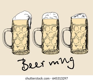 Set of beer mugs. Design elements for logo, label, emblem, sign. Beer mugs in ink hand drawn style. Vector illustration.