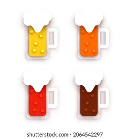 Conjunto de tazas de cerveza de diferentes colores en estilo geométrico moderno. Elemento de diseño de corte minimalista de papel. Plantilla para evento de marca, anuncios, fondo. Ilustración vectorial.