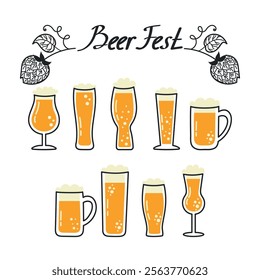 Set of beer mugs of different sizes and shapes. Vector illustration of beer in glasses, eps 10.