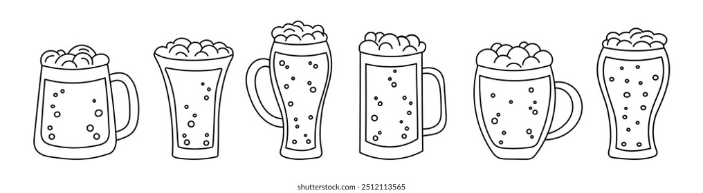 Set of beer mugs in doodle style on white background. Oktoberfest concept. Beer festival concept. Drinks concept.