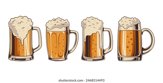 set of beer mugs of foamy fresh drink in vintage style isolated on white background