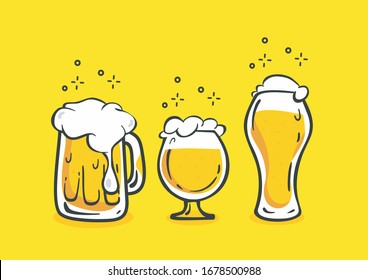 Set of beer mugs and glasses with beer on a yellow background