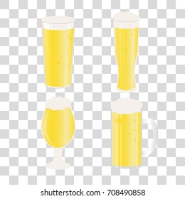 Set of beer mugs and glasses on transparent background. Vector icon with alcoholic beverages. Wheat beer, lager, craft beer, ale.