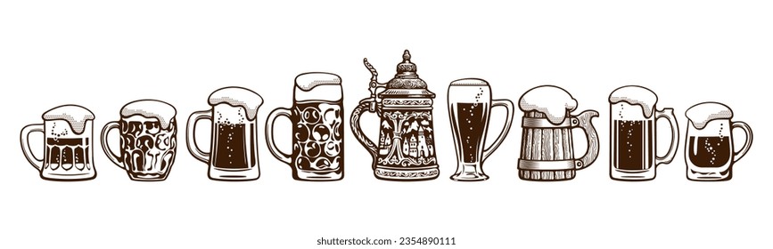 Juego de tazas de cerveza. Ilustración vectorial dibujada a mano aislada en fondo blanco.