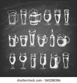 Set of beer mugs. Hand-drawn sketch elements on the blackboard. Vector illustration.