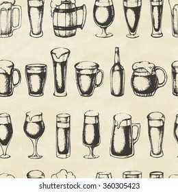Set of beer mugs. Hand-drawn sketch elements. Seamless pattern. Vector illustration.