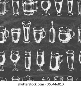 Set of beer mugs. Hand-drawn sketch elements on a blackboard. Seamless pattern. Vector illustration. - Shutterstock ID 360446810