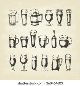 Set of beer mugs. Hand-drawn sketch elements. Vector illustration.