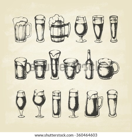 Set of beer mugs. Hand-drawn sketch elements. Vector illustration.