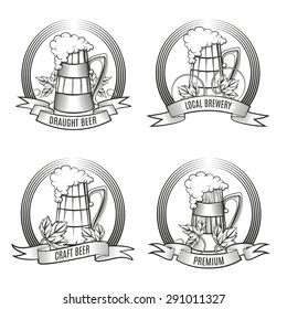 Set of Beer mugs and hop leaves emblem with ribbon. Engraving style. Free font Oswald used. isolated on white background.