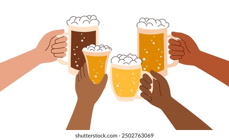 Set of beer mugs in human hands different skin tones isolated on white background. Oktoberfest concept. Beer festival concept. Friendship concept.