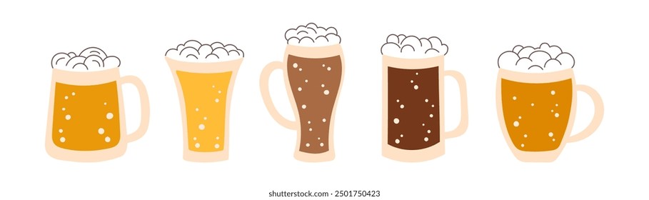 Set of beer mugs isolated on white background. Oktoberfest concept. Beer festival concept. Drinks concept.	