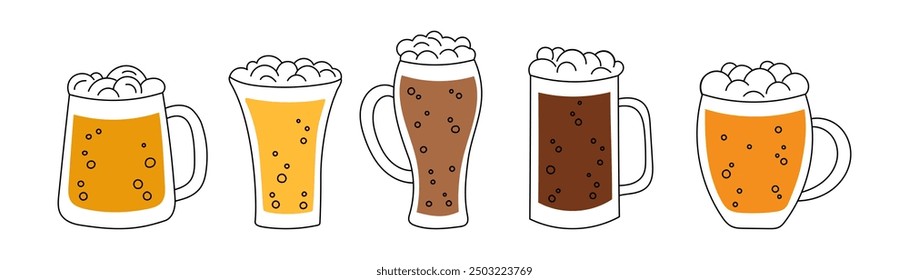 Set of beer mugs isolated on white background. Oktoberfest concept. Beer festival concept. Drinks concept.