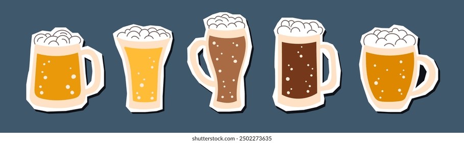 Set of beer mugs stickers isolated on blue background. Oktoberfest concept. Beer festival concept. Drinks concept.