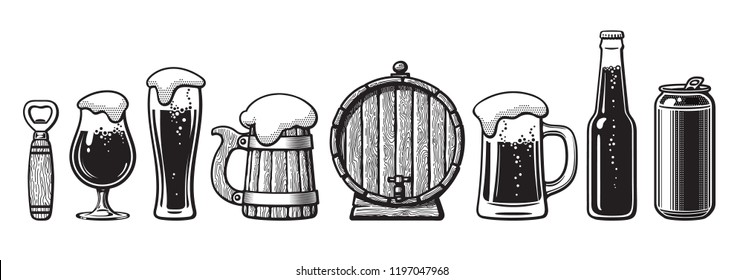 Set of beer objects. Bottle opener, glasses, old wooden mug, barrel, can. Vector illustration. Brewery, beer festival, bar, pub design. Hand drawn vector illustration isolated on white backgraund.