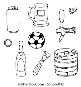 Set of Beer Objects: Can and Key, Mug, Tap, Bottle, Football Ball, Opener, Keg. Realistic  Hand Drawn Sketch Vector Illustration. Isolated On a White Background. Savoyar Doodle Style.