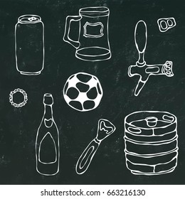 Set of Beer Objects: Can and Key, Mug, Tap, Bottle, Football Ball, Opener, Keg. Isolated on a Black Chalkboard Background. Realistic Hand Drawn Sketch Vector Illustration. Savoyar Doodle Style.