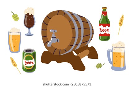 Set of beer objects in flat style. Various types of beer glasses and mugs, old wooden barrel, bottle beer tap. Hand drawn vector illustration.