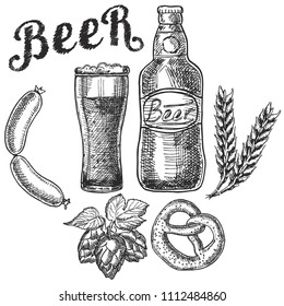 	
Set of beer objects. Hand drawing set of vector sketches. Beer, hops, barley, sausages, pretzel.