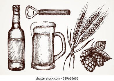  Set of beer objects. Hand drawing set of vector sketches.