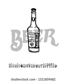 Set of beer objects. Hand drawn vector illustration. Vector set of craft beer bottles in ink hand drawn style.