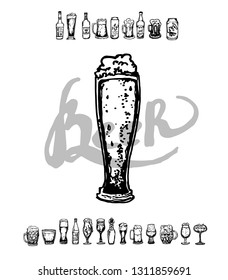 Set of beer objects. Hand drawn vector illustration. Vector set of craft beer bottles in ink hand drawn style.