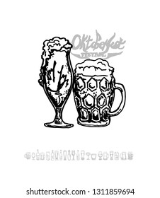 Set of beer objects. Hand drawn vector illustration. Vector set of craft beer bottles in ink hand drawn style.