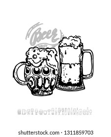 Set of beer objects. Hand drawn vector illustration. Vector set of craft beer bottles in ink hand drawn style.