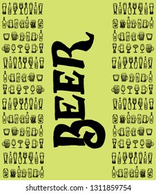 Set of beer objects. Hand drawn vector illustration. Vector set of craft beer bottles in ink hand drawn style.